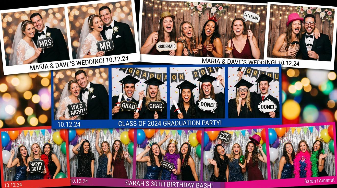 Photo booth gallery - real photo strips from weddings, graduations, and celebrations